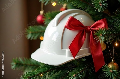 Construction helmet with a red bow on a Christmas tree. New Year's advertising banner for a company providing repair services. Copy space