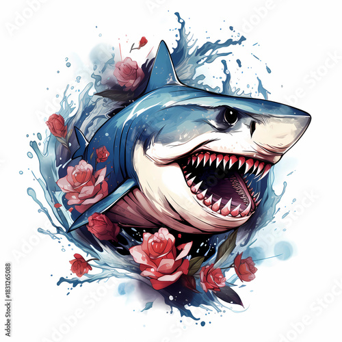 aggressive floral shark water splash illustration