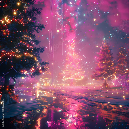 Christmas tree decorated with colorful light in winter wonderland setting, evoking festive and magical holiday spirit, for greeting card design.