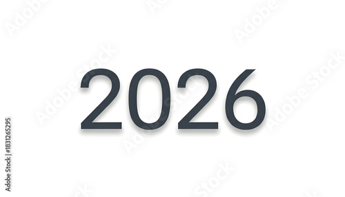 The year 2026 written in dark grey numbers with a subtle shadow effect on a clean white background. Concept for calendar design, future events planning or new year card.