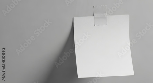 Minimalist clean white sticky note affixed to a light gray wall with a tape strip, showcasing a blank space for text and design
