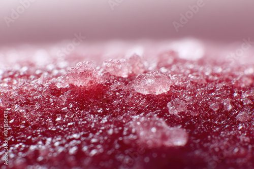 Exfoliating scrub salt texture macro photography shows pink crystals on smooth surface, highlighting granular structure and sparkling details in close up, vibrant and fresh mood