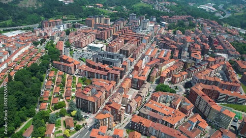 Aerial panoramic view of the downtown in the city Galdácano in Spain on a sunny spring day. 