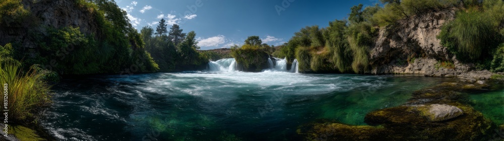 Fototapeta premium Waterfall adventure in nature hdr panoramic view serene environment
