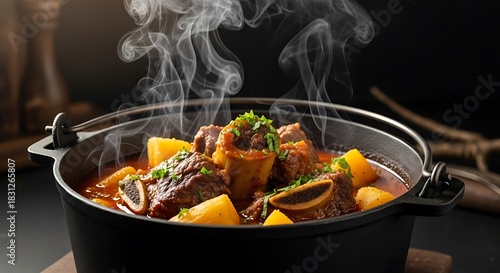 Vaca Atolada (ribs and cassava stew) in an antique iron pot. Smoky steam dark background.