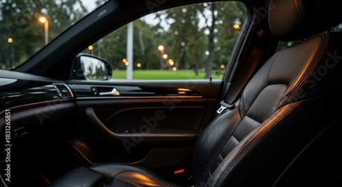Interior view of a luxurious car cabin with comfortable leather seats and ambient lighting