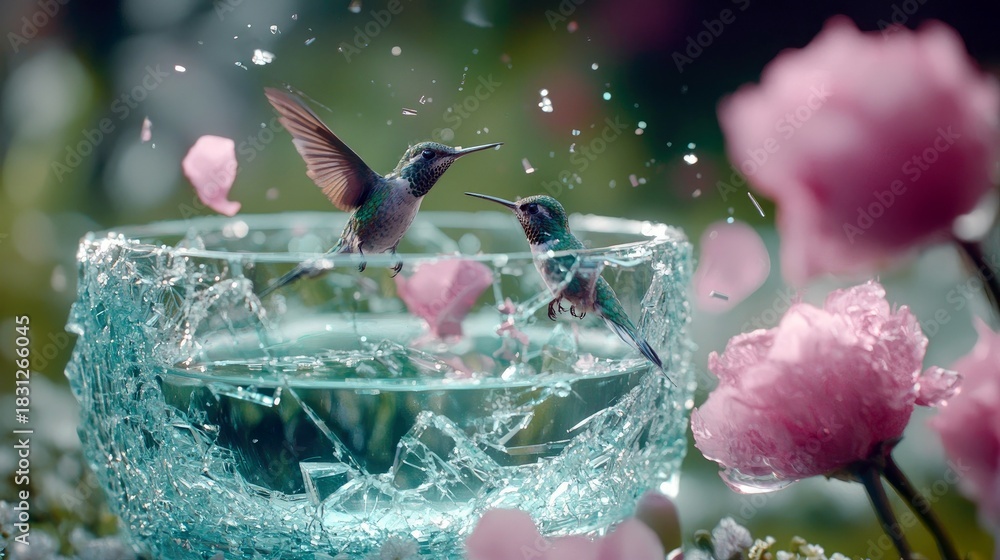 Fototapeta premium Two hummingbirds hover near a cracked glass bowl filled with water, surrounded by pink flowers and petals in a garden setting, with soft lighting.