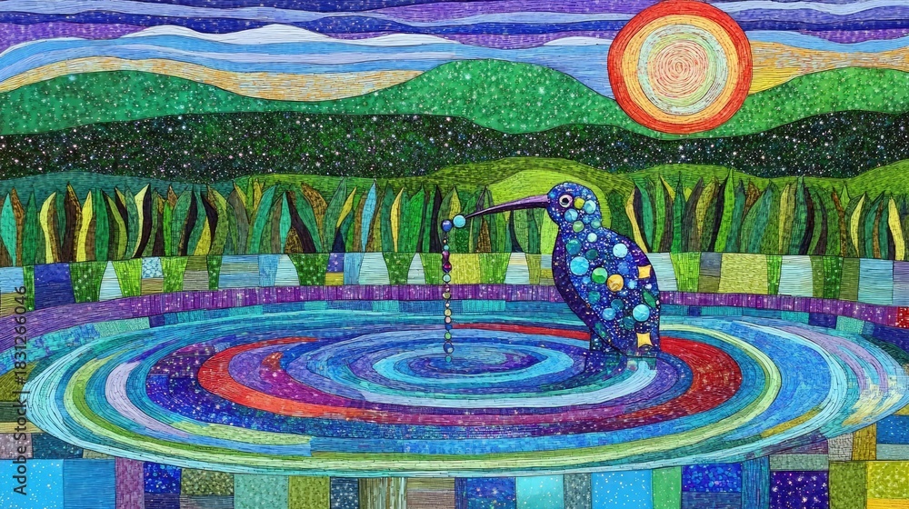 Fototapeta premium A colorful illustration of a hummingbird perched on water with a sun in the background. The scene is vibrant and whimsical.