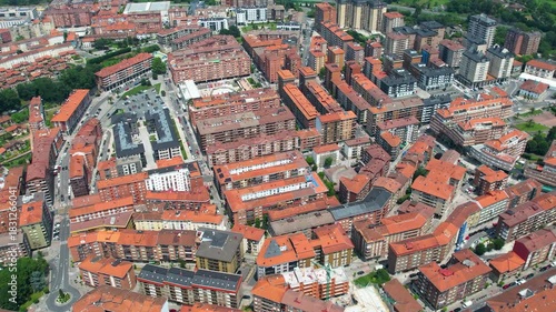 Aerial panoramic view of the downtown in the city Galdácano in Spain on a sunny spring day. 