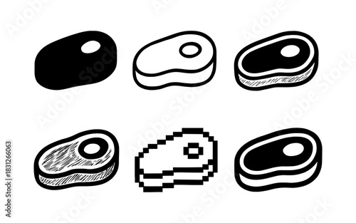 Variety of steak clipart in different styles including pixel and outline