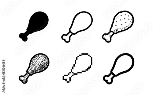 Variety of chicken drumstick sketches in different art styles