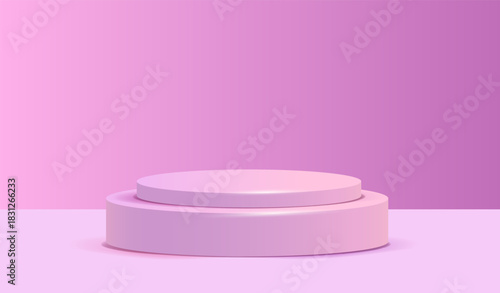3d purple podium. Volumetric pedestal for advertising. Showcase for product placement and marketing. Graphic element for website. Realistic vector illustration