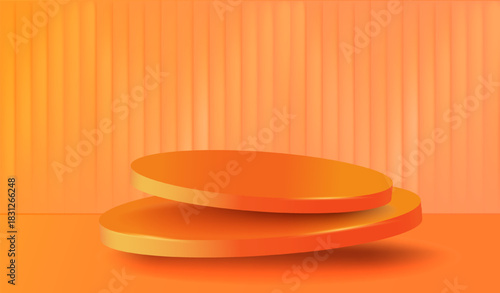 3d orange podium. Trendy showcase for product placement. Two volumetric cylinders. Space for presentation. Advertising and marketing. Poster or banner. Realistic vector illustration