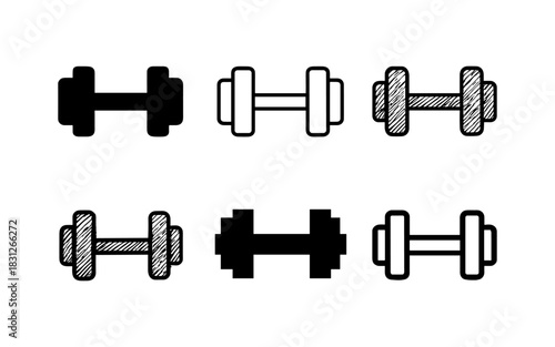 Various dumbbell icons in outline and solid styles for fitness design