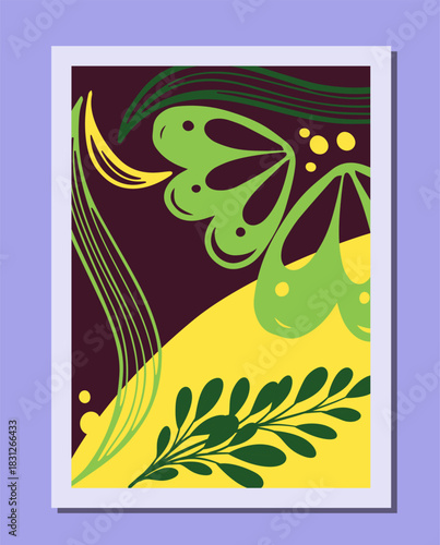 Psychedelic flowers poster. Green butterflies and leaves. Bloom and blossom plants. Abstract creativity and art. Cover or banner. Flat vector illustration
