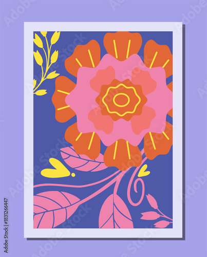 Psychedelic flowers poster. Pink flower with red petals. Bloom and blossom plants. Spring or summer season. Template and layout. Flat vector illustration