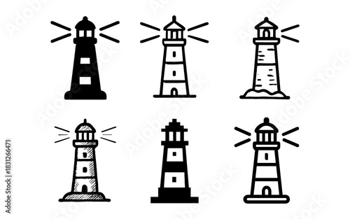 Variety of lighthouse designs in bold line art style