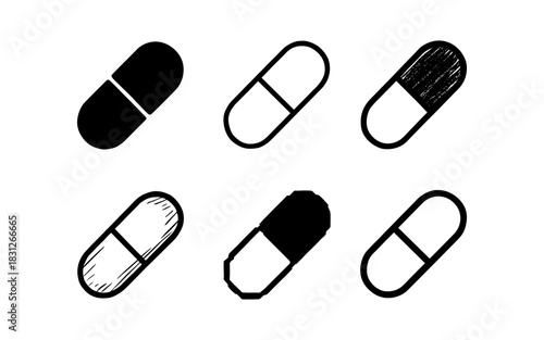 Set of six black and white capsule designs in minimalist style