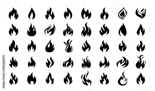 Fire black icons set. Firework, bonfire, flare and flame. Glowing sparkles and ignition. Graphic elements for website. Outline vector collection