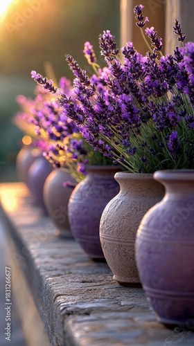 Close-up of a row of lavender flowers in decorative vases on a stone surface, bathed in warm sunset light.