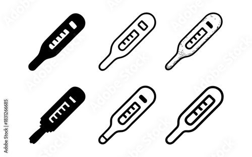 Set of thermometer designs: black and white silhouettes and sketch variations