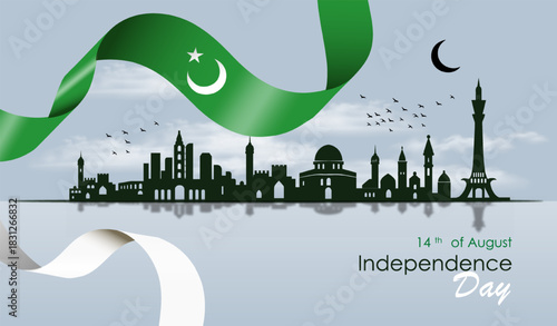 Pakistan independence day. Traditional pakistani holiday. Flag near silhouette of city and crescent. Patriotism and honor. Greeting postcard template. Flat vector illustration