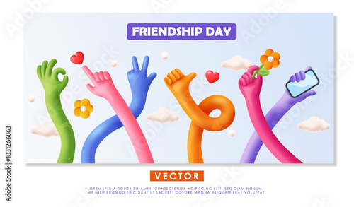 International friendship day. Colorful hands with smartphone, heart emoji. Expressions and emotions. Positive feelings and emotions. Unity and diversity, togetherness. 3D vector illustration
