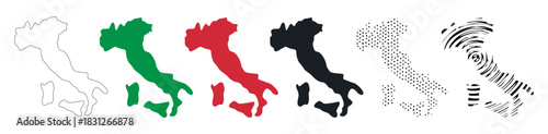 Italy map silhouette set. Map in colors of Italian flag. European region. National area. Infographics and educational materials. Flat vector collection