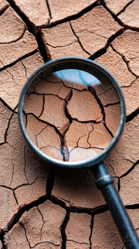 A magnifying glass is held over a cracked, dry earth surface, highlighting the details of the parched ground.