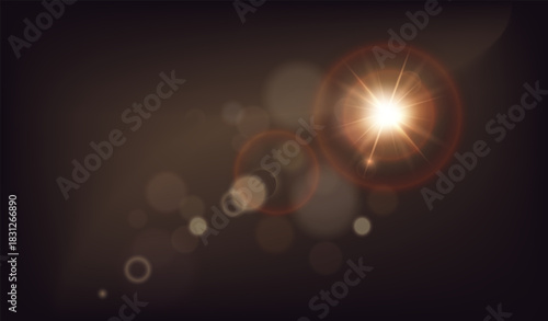 Light on black. Flare and glow. Shiny spark and glitter. Sunlight, sunburst and sunbeam. Yellow spotlight ray. Camera effect for overlay. Realistic vector illustration