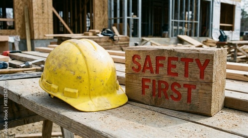 Yellow Hard Hat and 'Safety First' sign on wooden surface at bustling construction site.