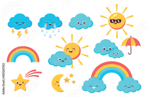 Weather elements set. Clouds and suns with rainbow. Weather forecast prediction, meteorology. Stickers for social networks. Flat vector collection