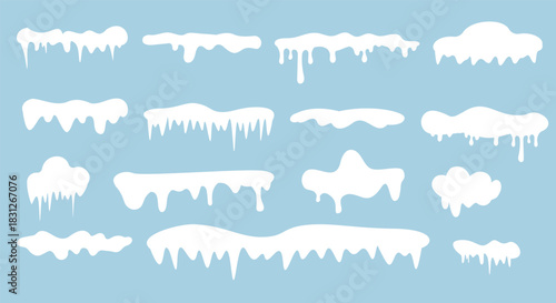 White snowy cape set. Snow with icicles, snowdrifts. Winter season and frosty weather. Noel Eve, Christmas and New Year. Flat vector collection
