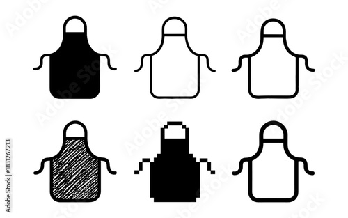 Diverse styles of apron icons: silhouette, outline, pixel, and sketch designs