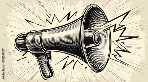 Vintage Megaphone Illustration with Sound Waves. Hand-drawn Bullhorn for Important Announcements, Communication, and Attention.