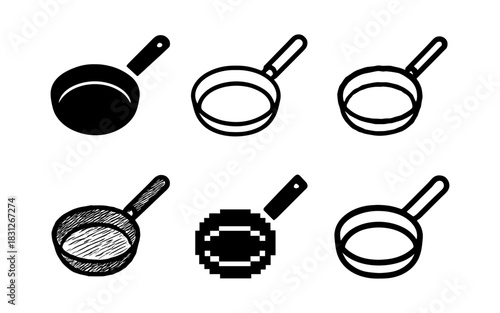 Set of diverse hand drawn and pixel style frying pans