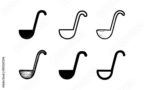 Set of ladle icons in various styles including flat and sketch