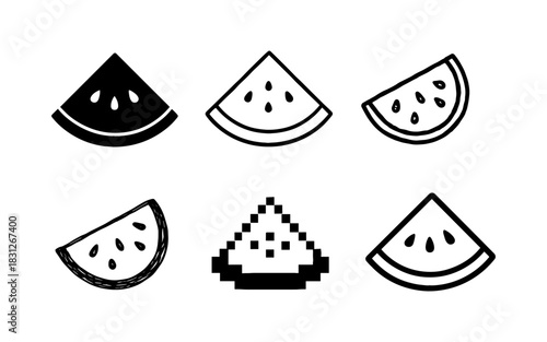 Mixed style watermelon icons: pixel art, silhouette, and hand drawn vector set