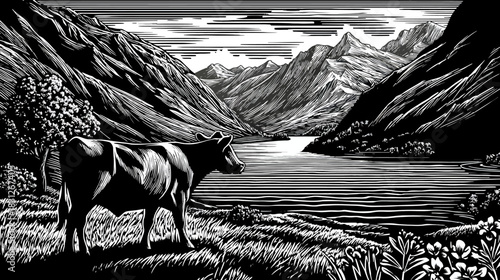 Stylized black and white illustration of a cow in a majestic mountain lake landscape, high contrast woodcut artwork.
