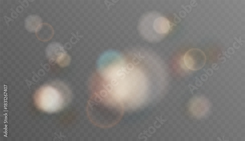 Colorful light set. Glares and glitters on copy space. Sunlight or rainbow dispersion. Camera effect overlay. Realistic vector collection