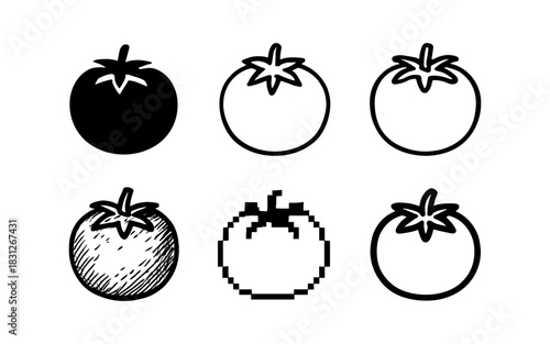 Variety of tomato icons in different artistic styles: silhouette, outline, sketch, pixel