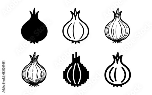 Onion icons collection: silhouette, linear, and pixel art styles for diverse design needs