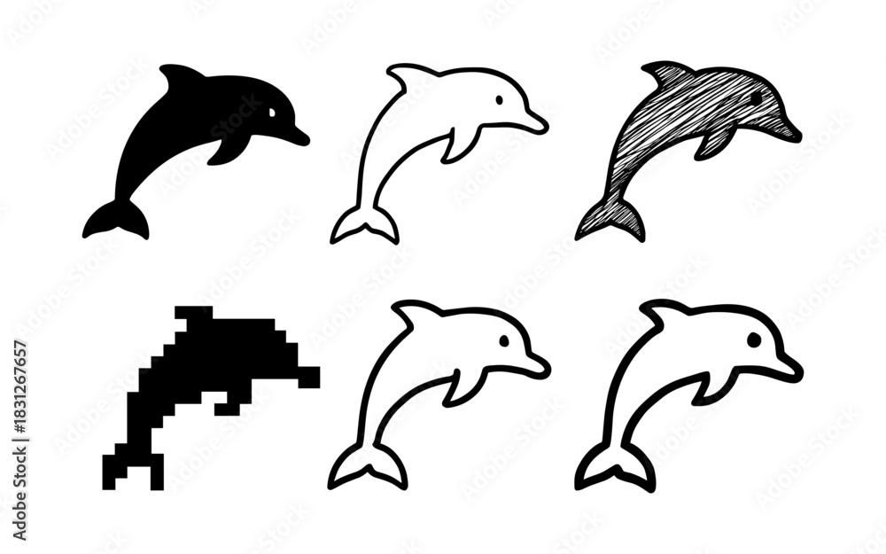 Naklejka premium Various dolphin designs: silhouette, linear, sketch, pixel and outline styles