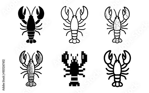 Diverse lobster designs: flat, pixel, sketch, and more styles