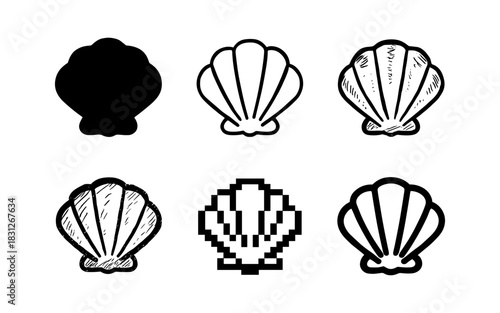 Diverse seashell icons: silhouette, outline, and pixel art styles