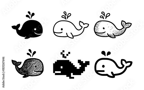 Cute whale icons in various artistic styles including pixel and sketch art