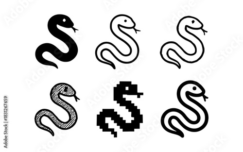 Diverse snake icon set: silhouettes, outlines, and pixel art styles
