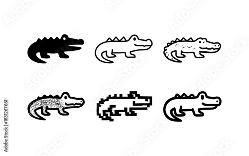 Crocodile designs: silhouette, linear, doodle, grunge, pixel, outlined styles