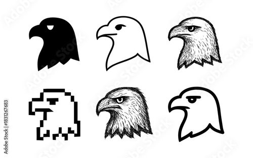 Eagle heads in diverse artistic styles: silhouette, pixel, sketch, cartoon
