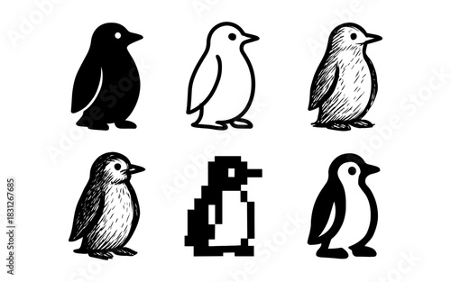 Diverse penguin designs: silhouette, sketch, pixel, and line art styles for creative projects
